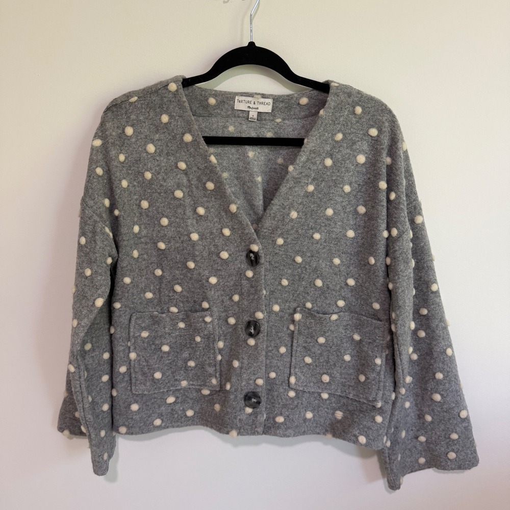 Madewell Texture & Thread Grey Pom Pom Polka Dot Cardigan Sweater Small